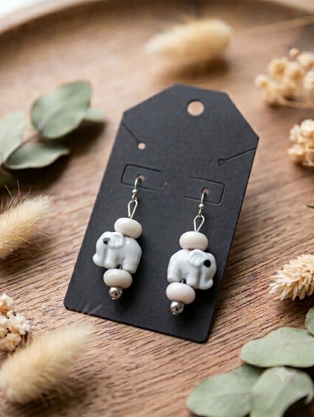 Handmade White Elephant Bead Dangle Earrings